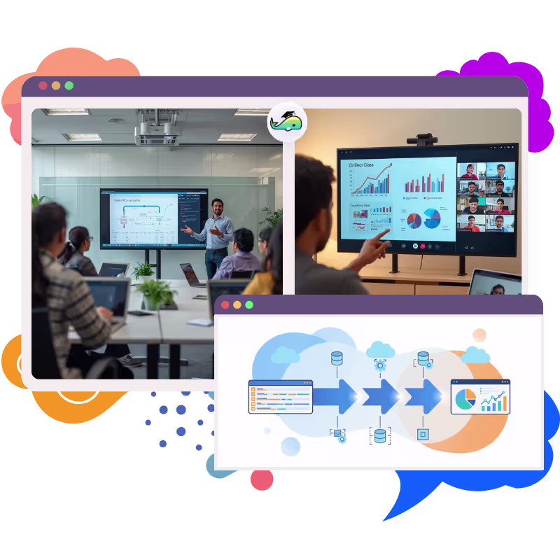 Students learning data pipelines, databases, and cloud concepts in a practical data engineer course classroom
