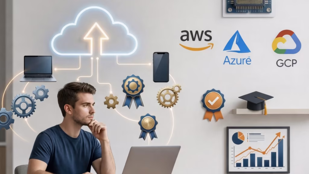 Cloud computing career path showing key skills, certifications, and job roles for beginners in the cloud industry