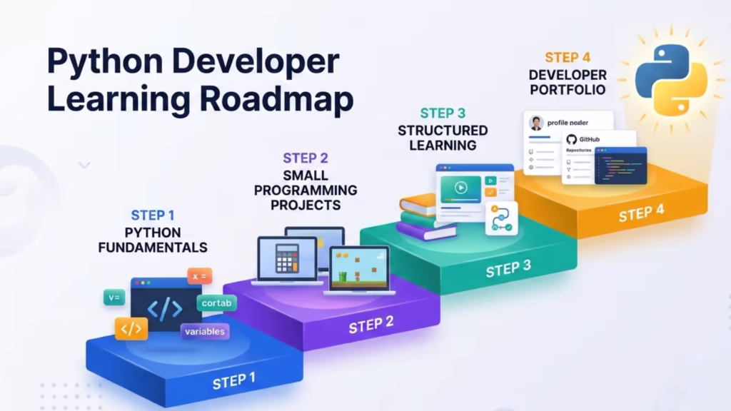 Beginner learning Python programming on a laptop with code editor, showing how to start learning Python step by step