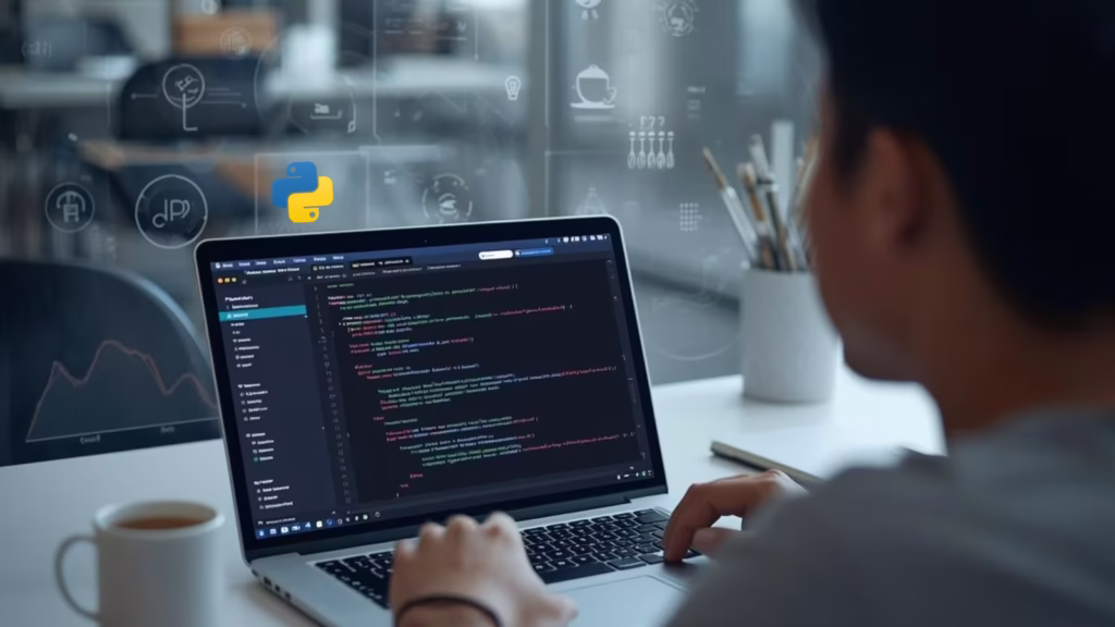 Python for Beginners learning on a laptop with Python code and logo, showing why Python is the most important IT skill today