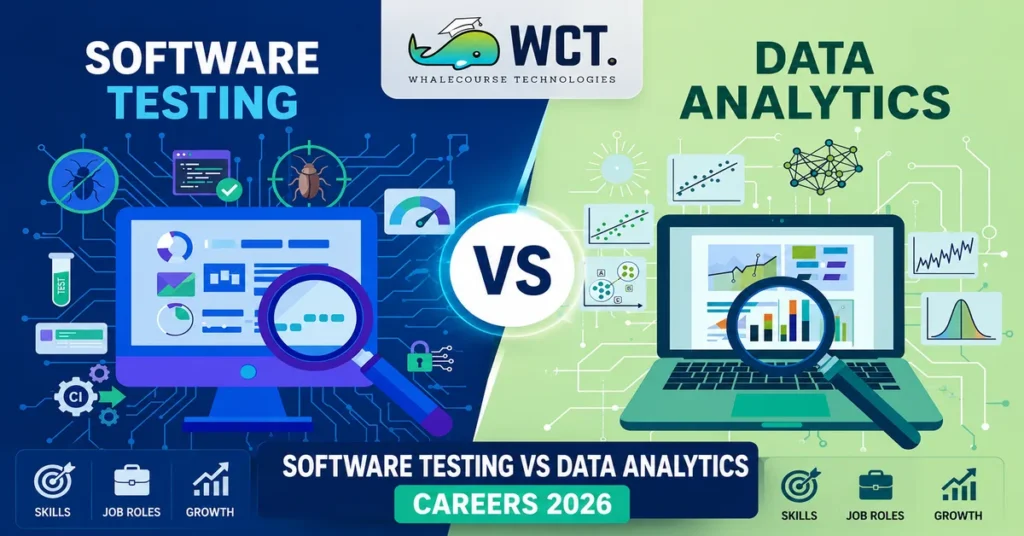 Professional comparing software testing and data analytics career paths, skills, and future opportunities in 2026