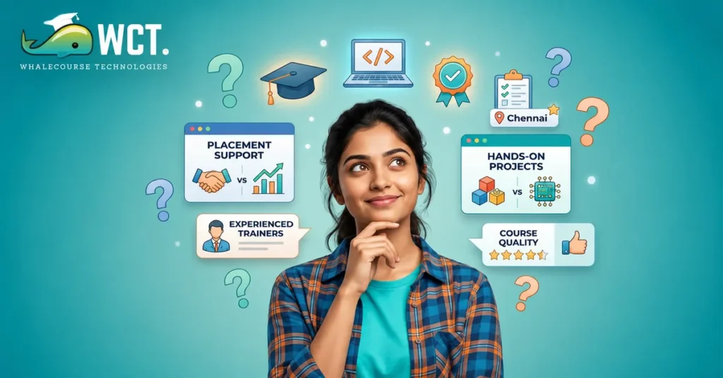 Student comparing it training institutes based on courses, mentors, placement support, and learning facilities