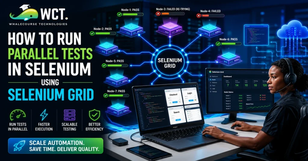 Qa engineer executing automated test cases across multiple browsers simultaneously using Selenium grid