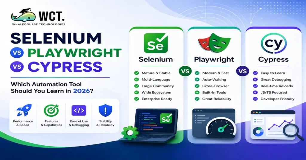 Selenium vs playwright vs cypress comparison to choose the best automation tool to learn in 2026 by whalecourse technologies