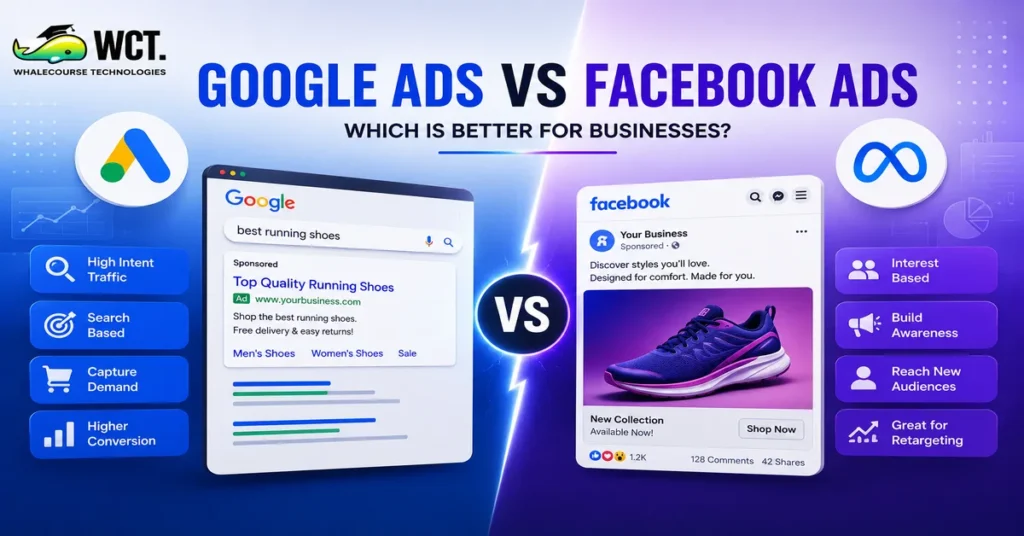 Google ads vs facebook ads comparison for businesses by whalecourse technologies showing key marketing differences