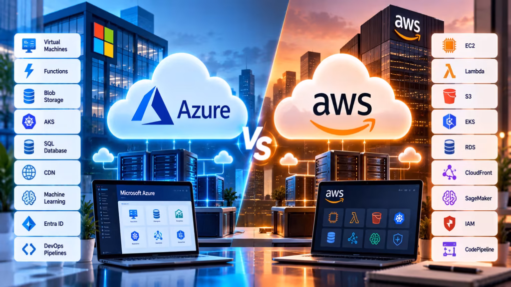azure vs aws comparison showing key differences in cloud computing services, pricing, integrations, and certifications