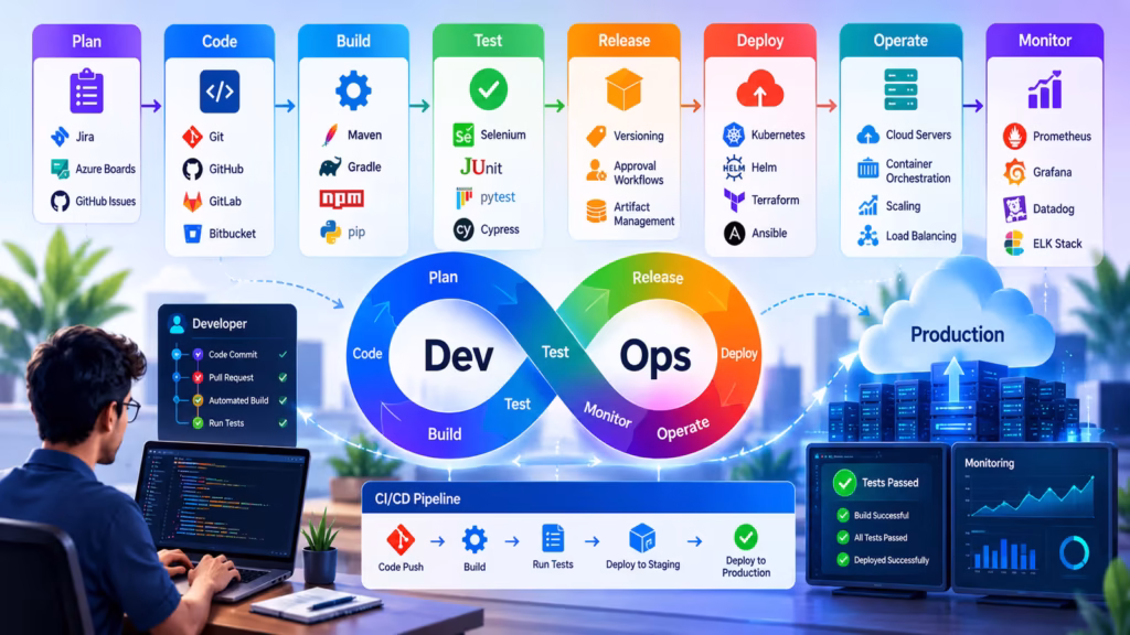 devops tutorial for beginners covering core concepts, essential tools, workflows, and the role of a devops engineer
