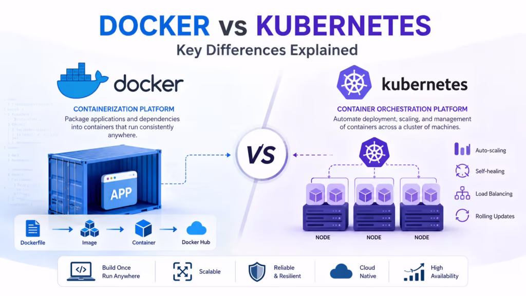 comparison explaining the key differences between docker and kubernetes