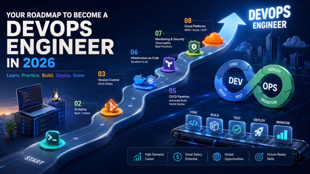 career roadmap showing the skills and steps needed to become a successful devops engineer